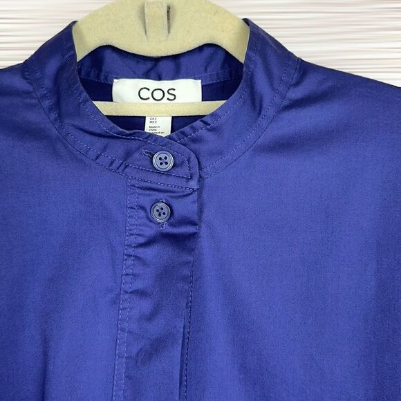 COS Royal Blue Cotton Sateen Blouse Oversized Top Smocked Bell Sleeves US 2 - Picture 3 of 16